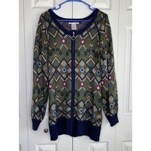 K. Jordan Cardigan Sweater Women's Zipper Front Tunic Multi Color Geometric Sz M